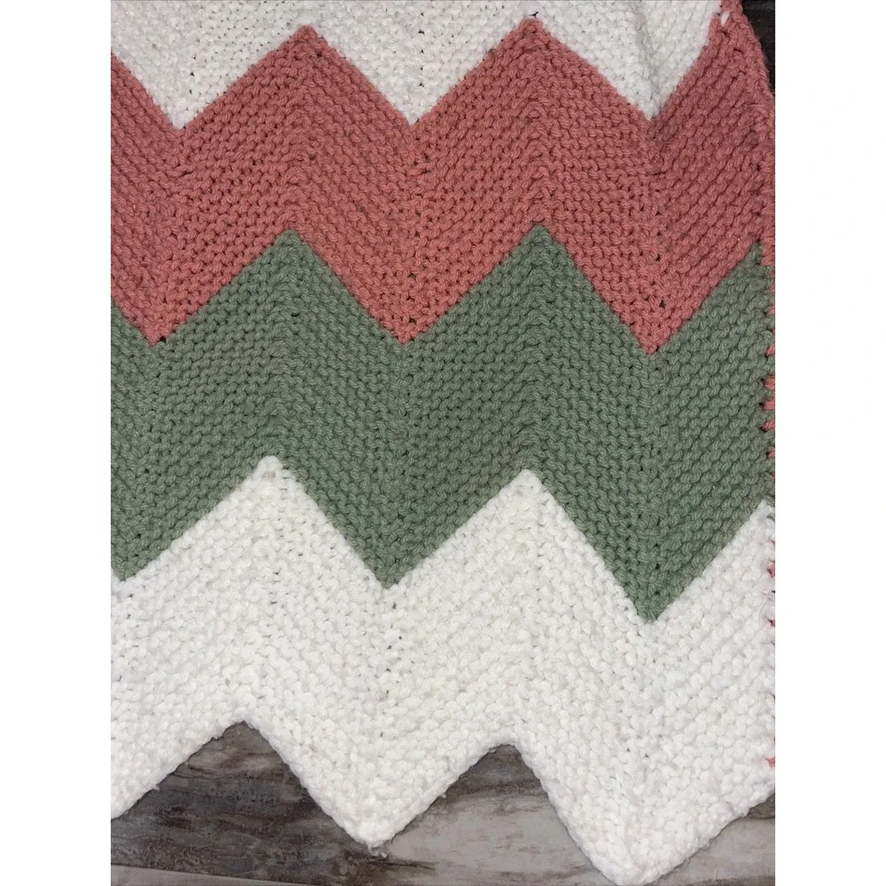 Vintage Crochet Afghan Blanket Zig Zag Chevron Pink Sage Green 61 x 57 In